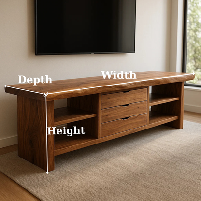 Handcrafted Solid Wood TV Stand - Live Edge Walnut, 3 Drawers & Open Shelves Kitchnce