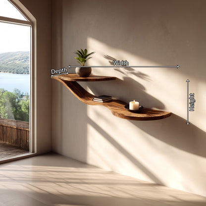 Wave-Inspired Floating Wall Shelf in Natural Wood with Dual Levels