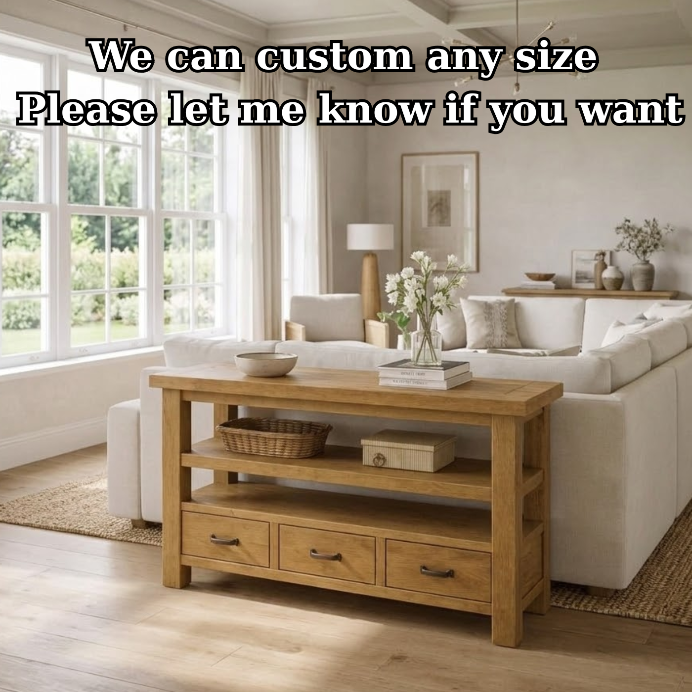 Solid Wood Console Table with Drawers and Open Shelf