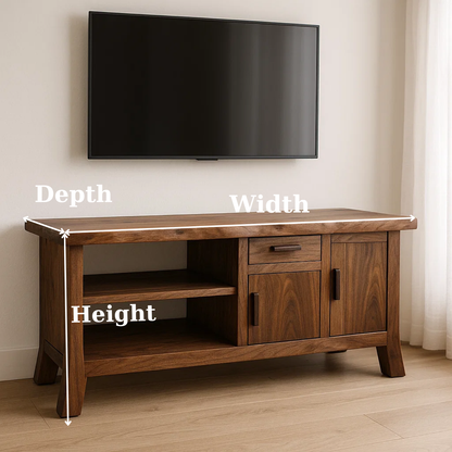 Handcrafted Solid Wood TV Stand - Live Edge Console, Drawer, Cabinet & Open Shelves Kitchnce