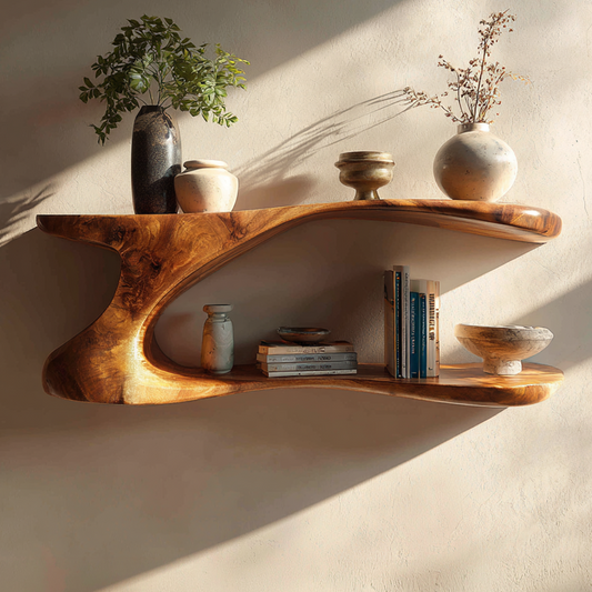 Natural Wood Floating Shelf with Sculptural Dual-Level Curve
