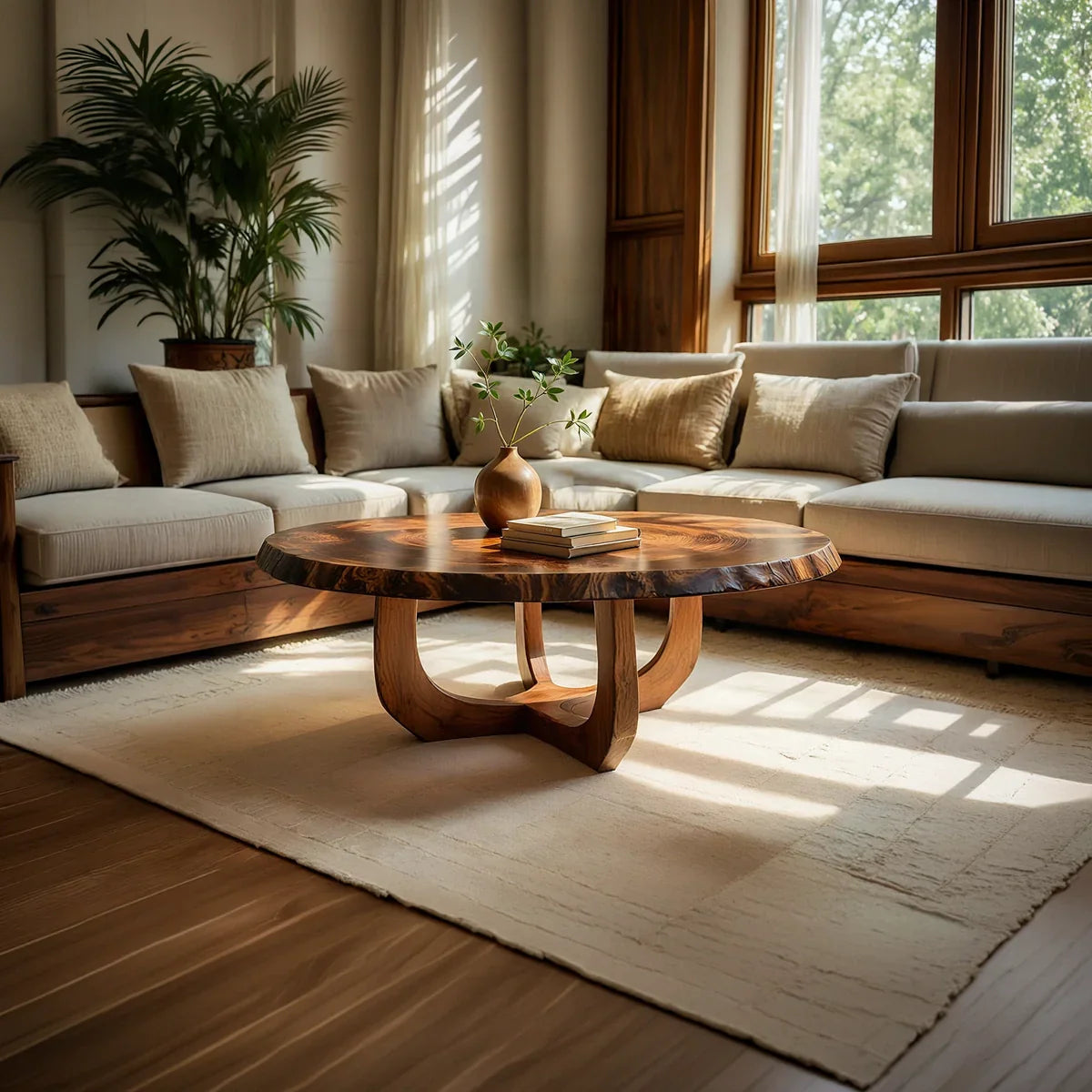 Round Natural Wood Coffee Table with Curved Open Sculptural Base