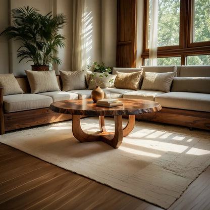 Round Natural Wood Coffee Table with Curved Open Sculptural Base