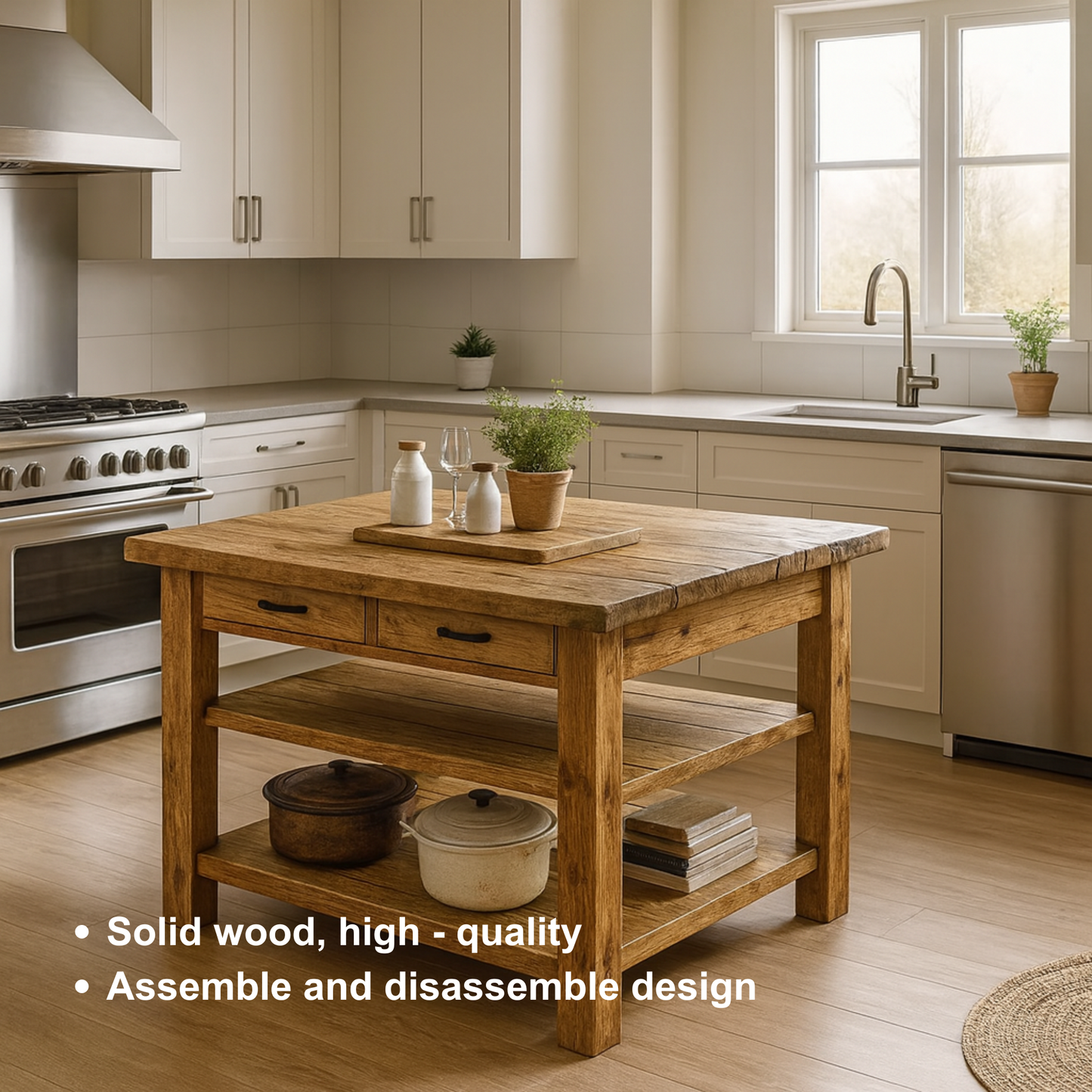 Live Edge Solid Wood Kitchen Island with Drawers - Rustic Farmhouse Butcher Block Prep Table