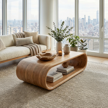Curved Waterfall Coffee Table with Open Storage Shelf