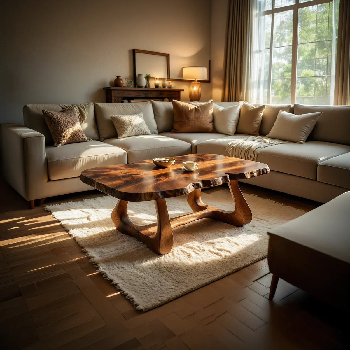 Live Edge Natural Wood Coffee Table with Curved Sculptural Frame
