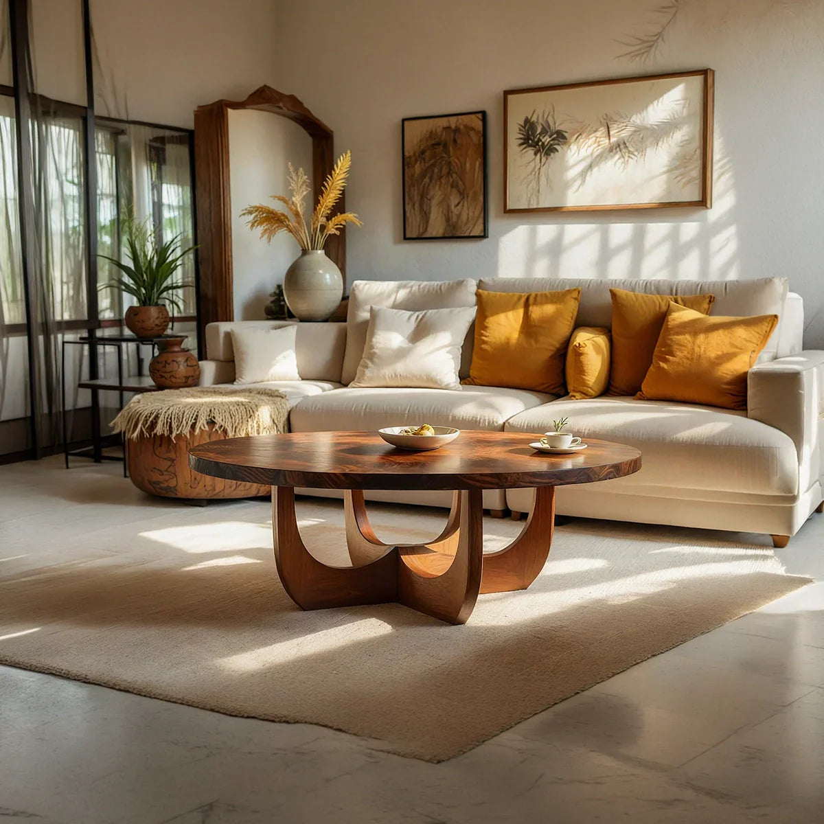 Round Natural Wood Coffee Table with Sculptural Curved Base