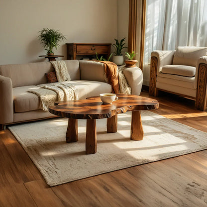 Live Edge Natural Wood Coffee Table with Solid Block Leg Base