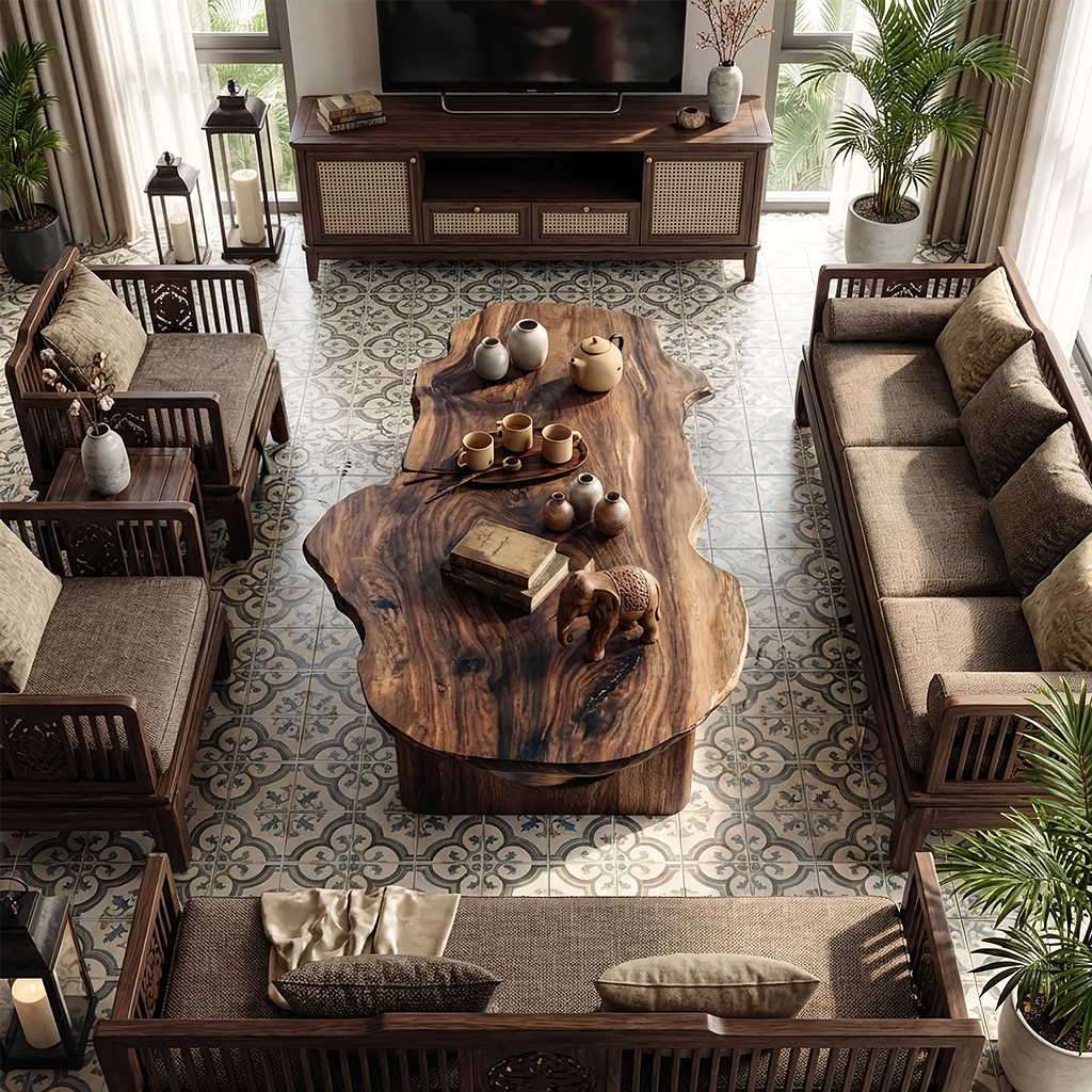 Live Edge Sculptural Coffee Table with Solid Base in Natural Wood