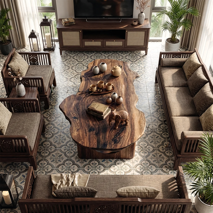 Live Edge Sculptural Coffee Table with Solid Base in Natural Wood