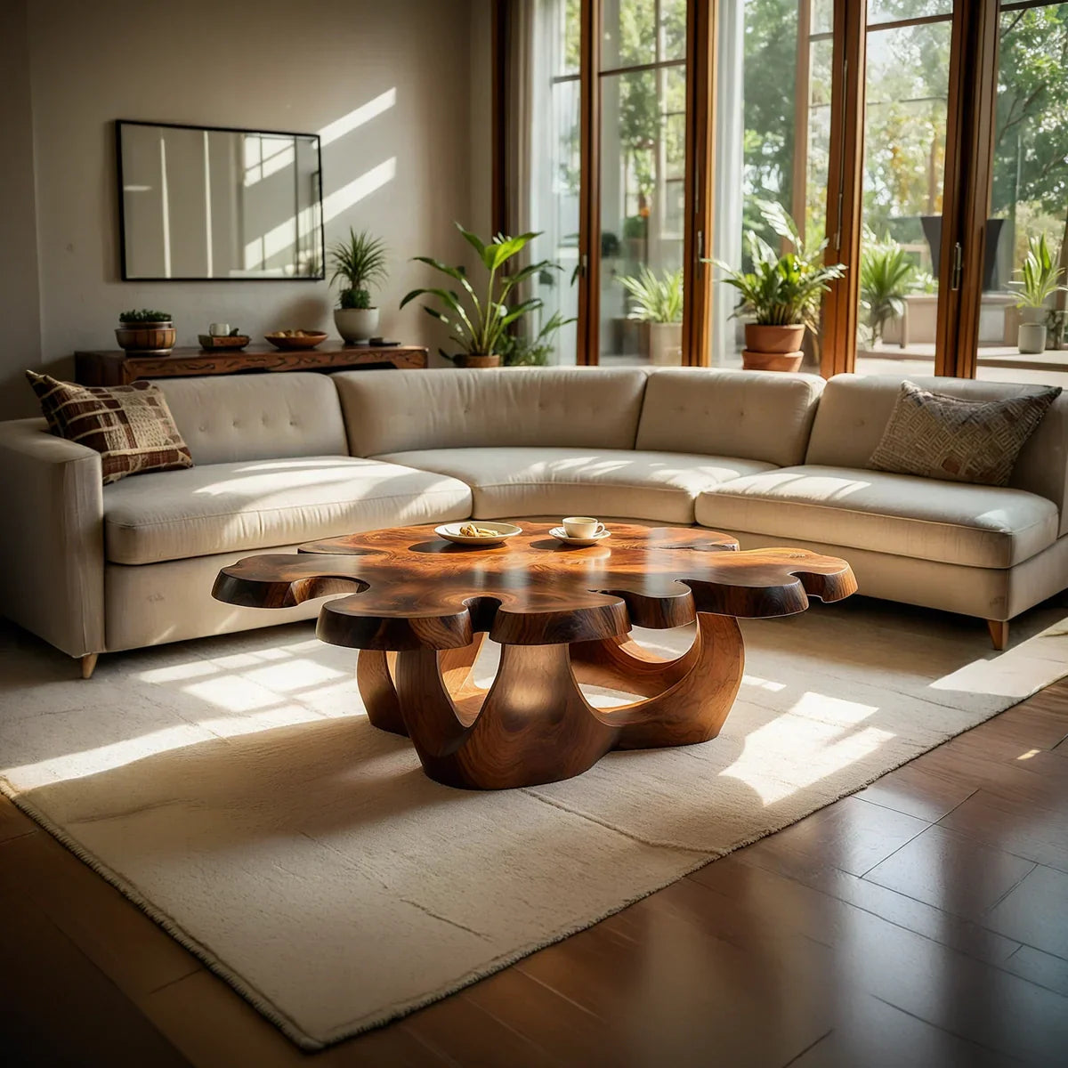 Sculptural Live Edge Natural Wood Coffee Table with Multi-Form Base