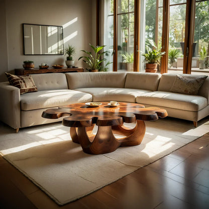 Sculptural Live Edge Natural Wood Coffee Table with Multi-Form Base