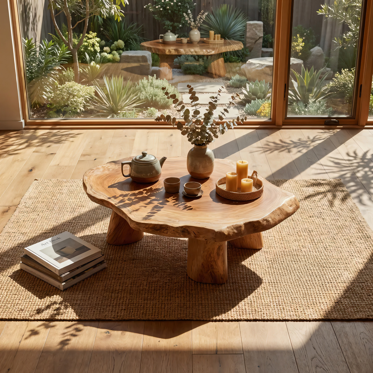 Round Live Edge Coffee Table with Solid Sculptural Legs