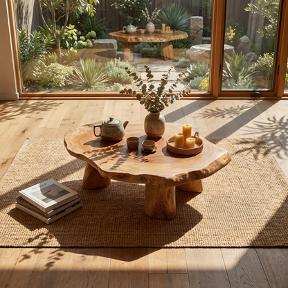 Round Live Edge Coffee Table with Solid Sculptural Legs