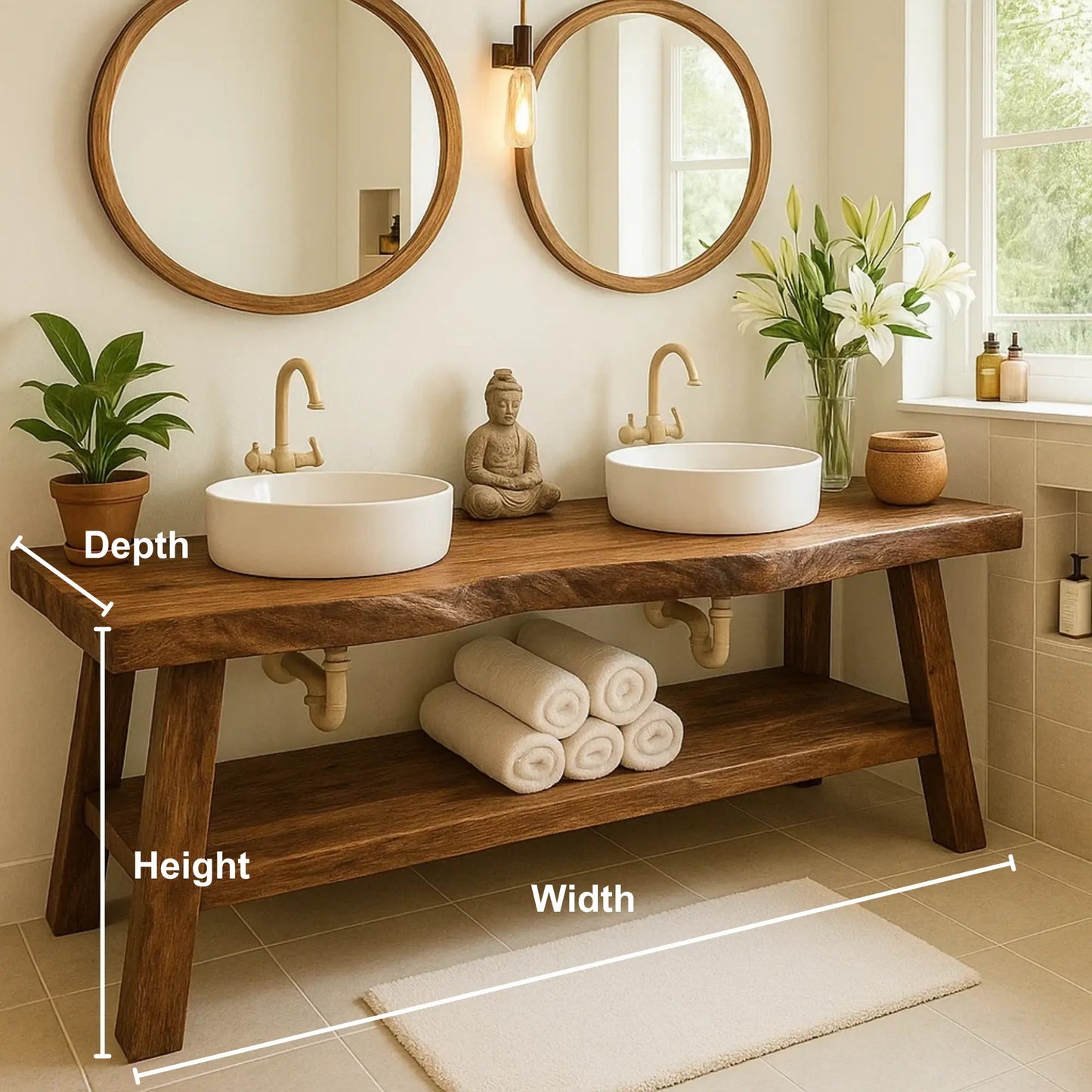 Handcrafted Double Solid Wood Bathroom Vanity with Drawers and Slatted Shelf for Modern Homes Kitchnce