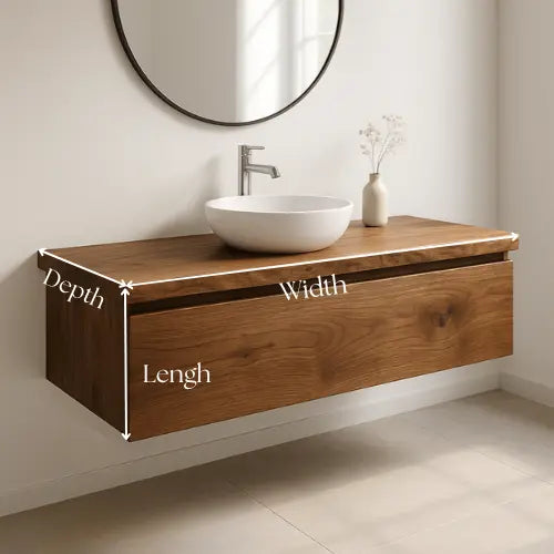 Handcrafted Floating Solid Wood Bathroom Vanity – Modern Live Edge Countertop with Single Drawer – Minimalist Natural Finish Kitchnce