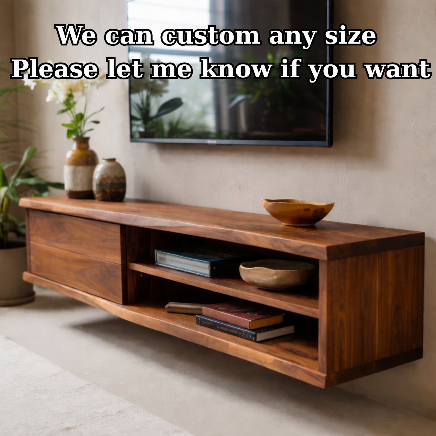 Floating Solid Wood TV Stand with Drawer and Open Shelves for Modern Living Rooms Kitchnce