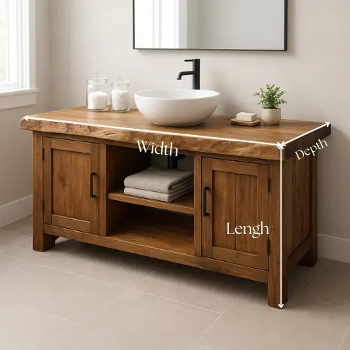 Handcrafted Solid Walnut Bathroom Vanity – Live Edge Wood Countertop with Double Cabinets & Open Shelf – Modern Rustic Design for Warm Spaces Kitchnce
