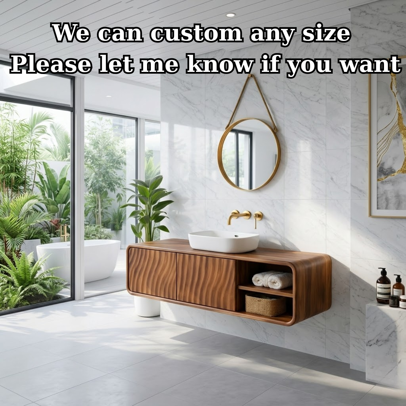 Modern Floating Solid Wood Bathroom Vanity with Wave Grain Cabinet Doors Kitchnce