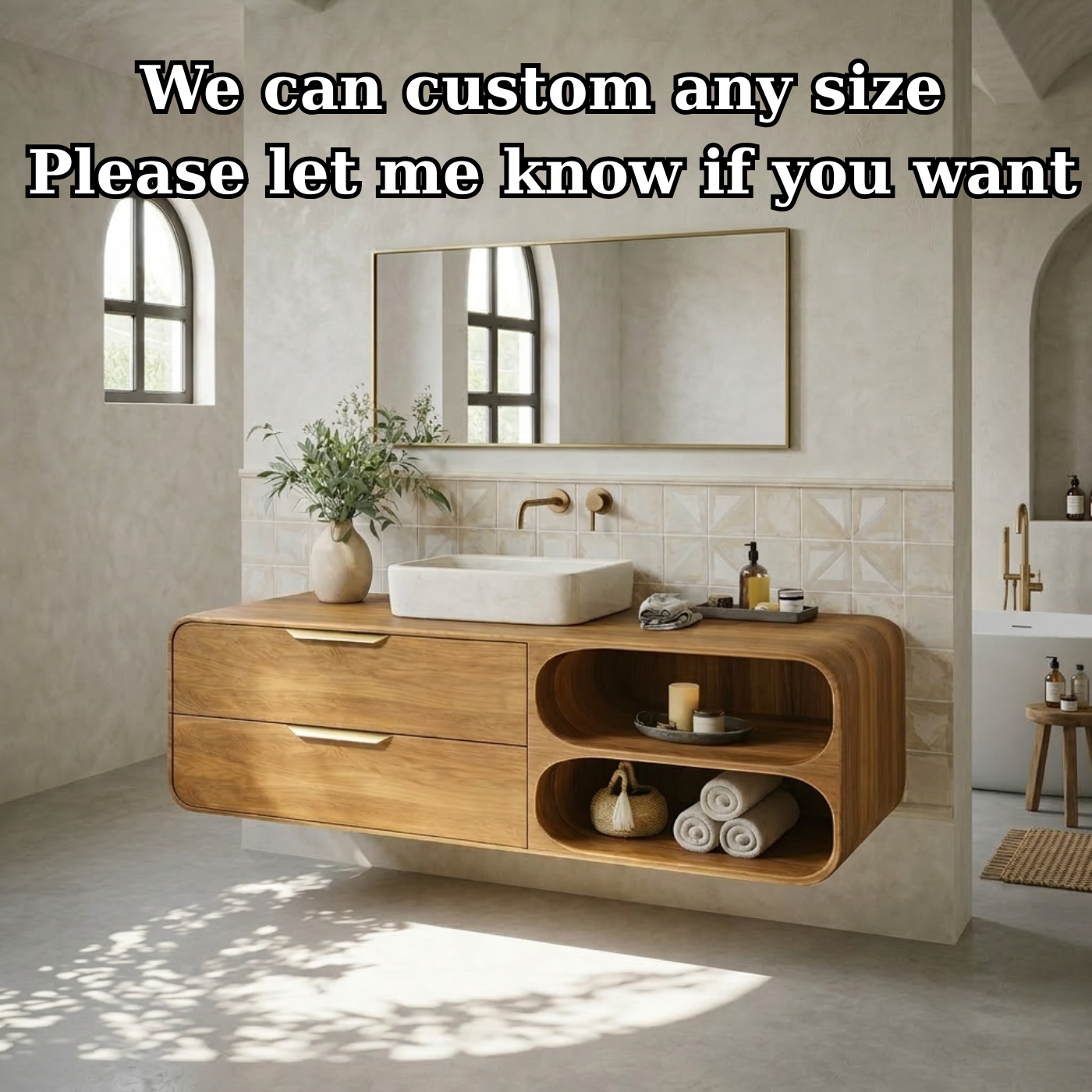 Floating Solid Wood Bathroom Vanity with Drawers and Open Curved Shelves for Modern Bathrooms Kitchnce