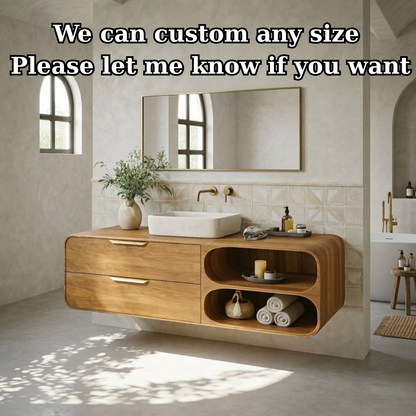 Floating Solid Wood Bathroom Vanity with Drawers and Open Curved Shelves for Modern Bathrooms Kitchnce