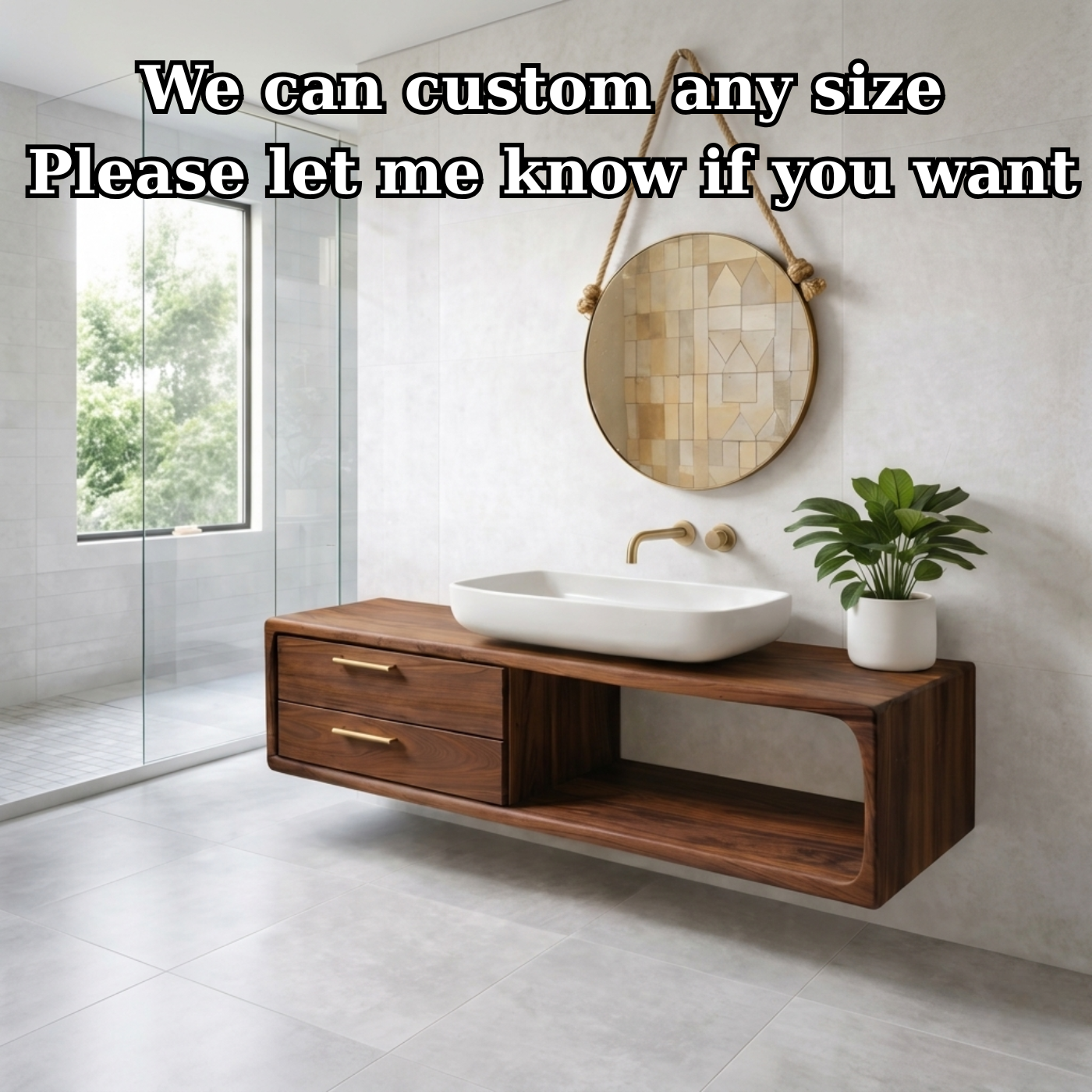 Modern Solid Wood Floating Bathroom Vanity with Double Drawers and Open Shelf Kitchnce