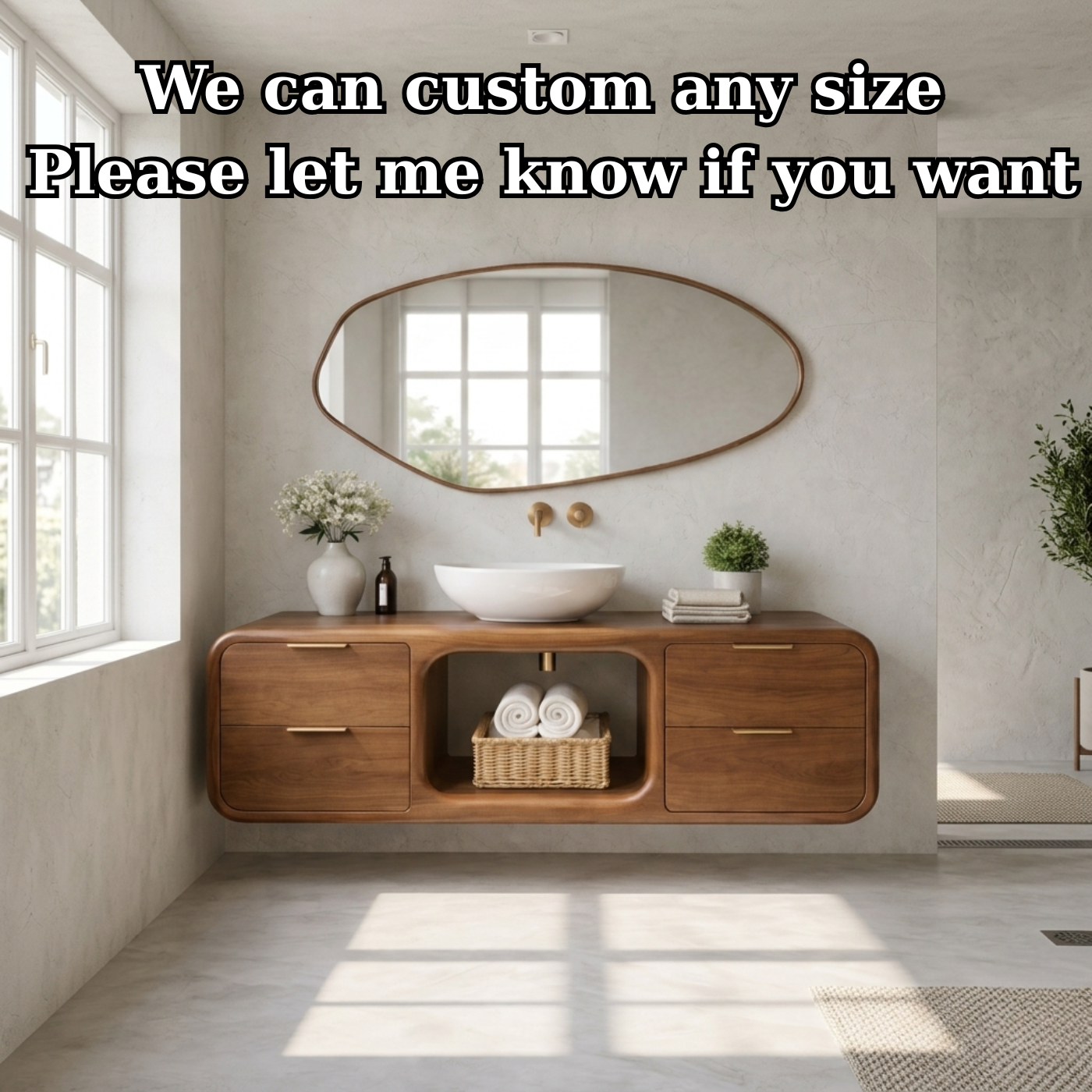Modern Floating Solid Wood Bathroom Vanity with Open Center Shelf and Drawer Storage Kitchnce
