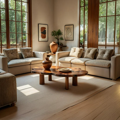 Organic Live Edge Natural Wood Coffee Table with Cylindrical Leg Base