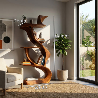 Sculptural Natural Wood Bookshelf For Living Room Kitchnce