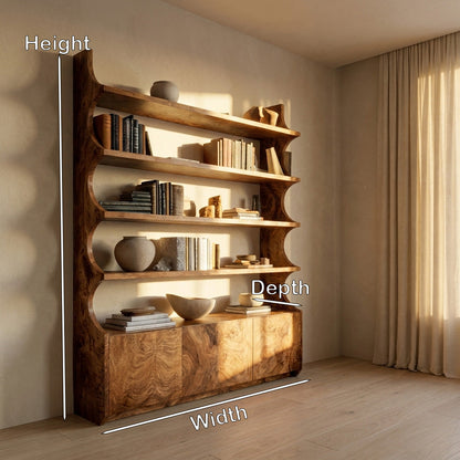 Organic Wooden Bookshelf With Curved Edges For Living Storage Kitchnce
