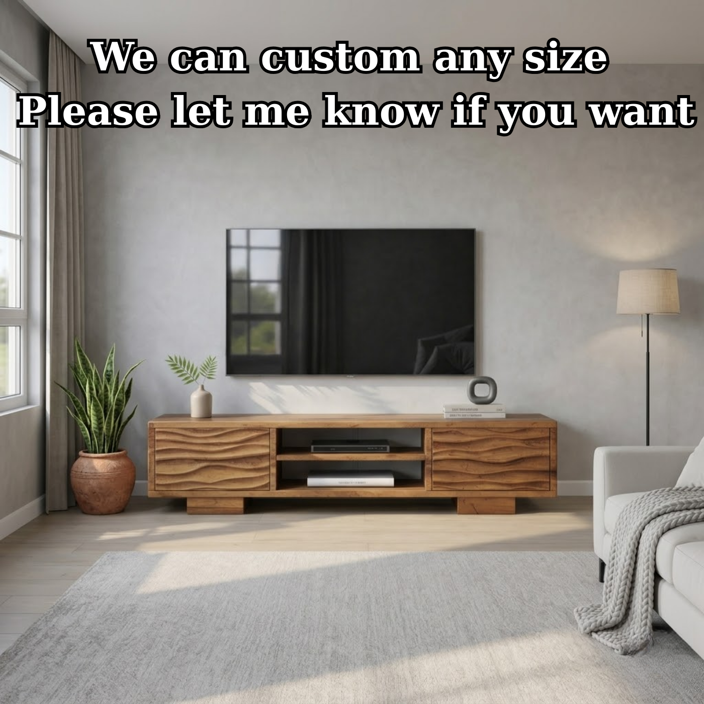 Modern Solid Wood TV Stand with Wave Front Drawers and Open Media Shelf Kitchnce