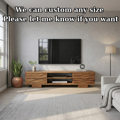 Modern Solid Wood TV Stand with Wave Front Drawers and Open Media Shelf Kitchnce