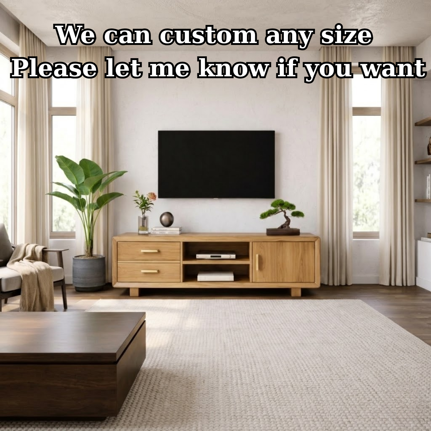 Modern Soild Wood TV Stand with Drawers, Cabinet Door, and Open Media Shelves Kitchnce