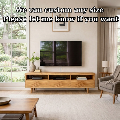 Modern Solid Wood TV Stand with Wave Drawer Fronts and Open Media Shelves Kitchnce