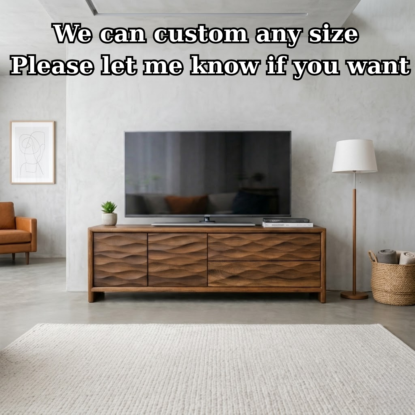 Modern Soild Wood TV Stand with Textured Wave Cabinet Doors and Storage Drawers Kitchnce