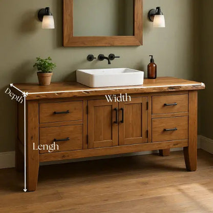 Handcrafted Rustic Solid Wood Bathroom Vanity – Live Edge Top with Four Drawers and Center Cabinet Kitchnce