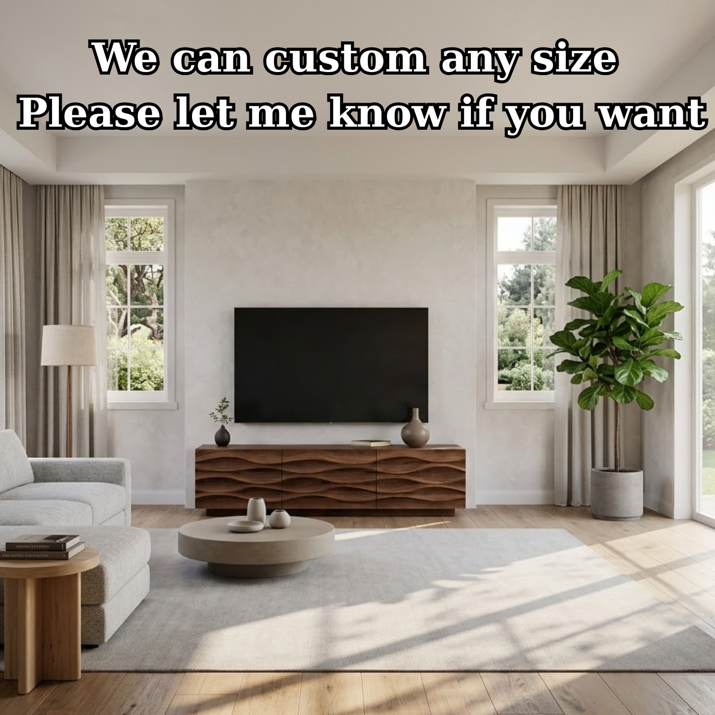 Modern Solid Wood TV Stand with Wave Front Design, Walnut Finish Media Console Cabinet Kitchnce
