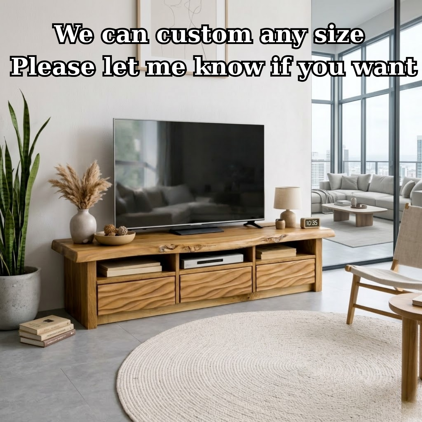 Natural Solid Oak TV Stand with Wavy Drawer Fronts, Rustic Media Console for Living Room