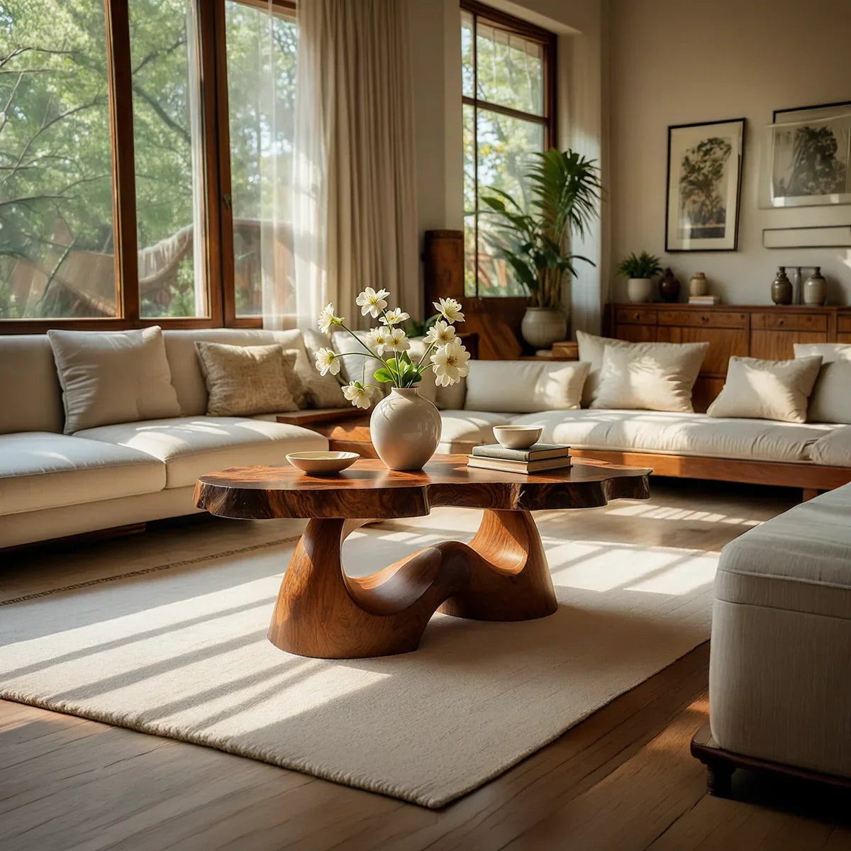 Organic Live Edge Natural Wood Coffee Table with Flowing Sculptural Base