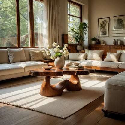 Organic Live Edge Natural Wood Coffee Table with Flowing Sculptural Base