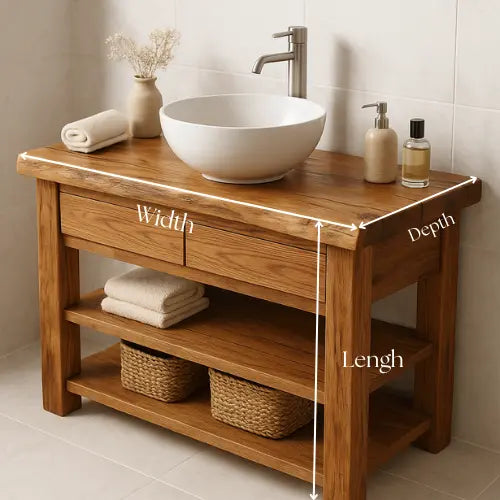 Solid Wood Bathroom Vanity – Handcrafted Live Edge Countertop with Drawers & Open Shelves – Rustic Farmhouse Vanity for Modern Interiors Kitchnce