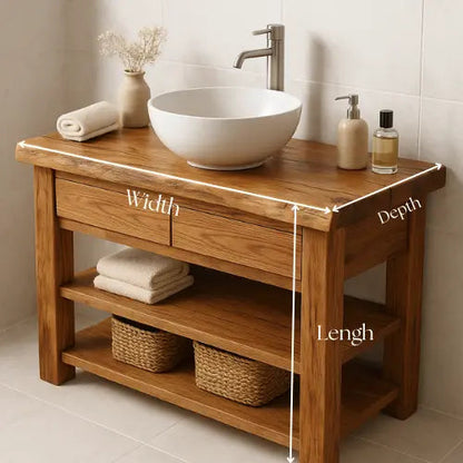 Solid Wood Bathroom Vanity – Handcrafted Live Edge Countertop with Drawers & Open Shelves – Rustic Farmhouse Vanity for Modern Interiors Kitchnce