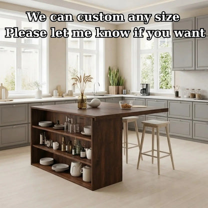Modern Solid Wood Kitchen Island with Open Storage Shelves, Walnut Kitchen Bar Table Kitchnce