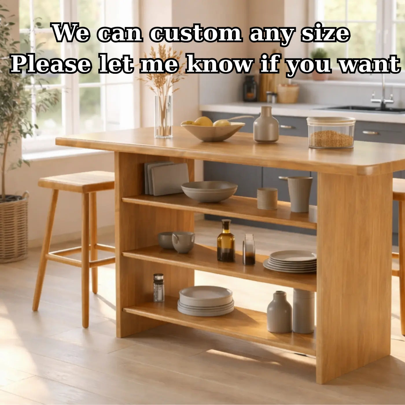 Solid Wood Kitchen Island with Open Storage Shelves and Kitchen Bar Table Kitchnce