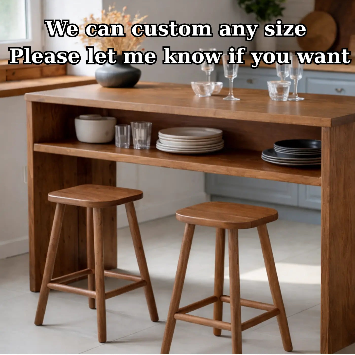 Modern Solid Wood Kitchen Island with Open Shelf Storage and Breakfast Bar Table Kitchnce