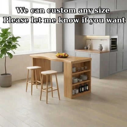 Solid Wood Kitchen Island with Curved Edge Top and Open Shelf Storage Breakfast Bar Kitchnce