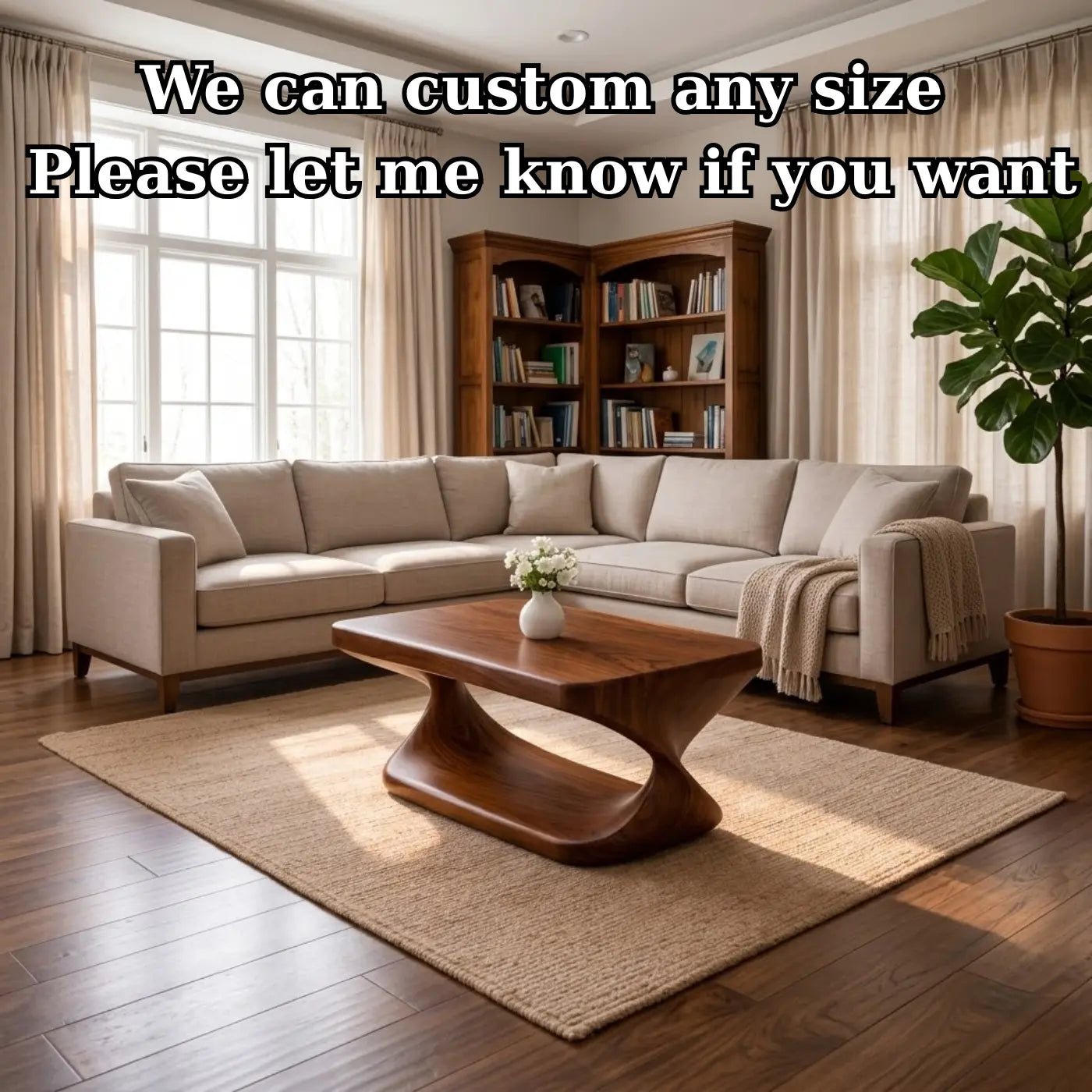 Modern Solid Wood Coffee Table with Sculptural Curved Base and Rectangular Wood Top Kitchnce