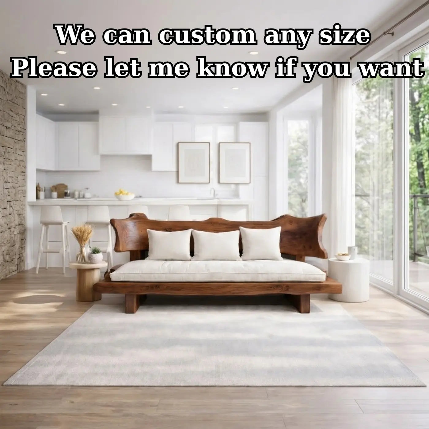 Live Edge Solid Wood Sofa Rustic Natural Wood Couch Handmade Organic Living Room Sofa Kitchnce