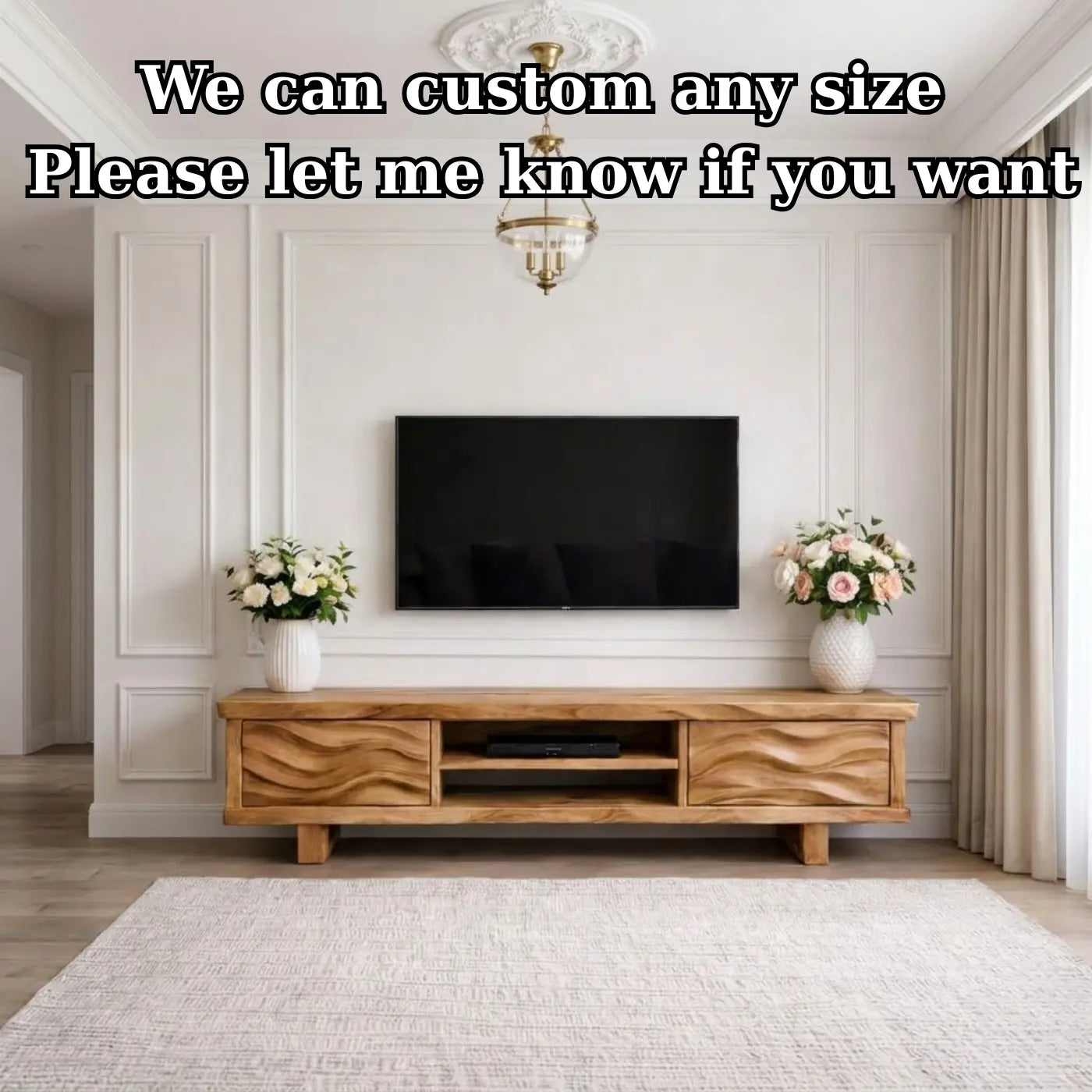 Solid Wood TV Stand with Wave Pattern Doors Modern Wooden Media Console for Living Room Kitchnce
