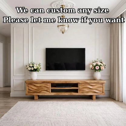 Solid Wood TV Stand with Wave Pattern Doors Modern Wooden Media Console for Living Room Kitchnce